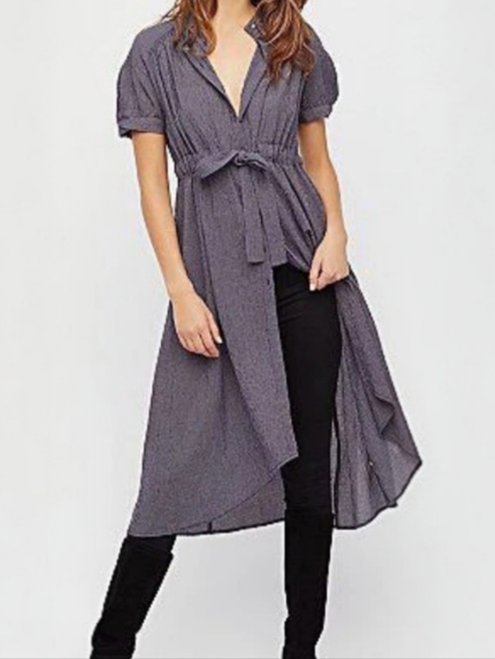 FREE PEOPLE Retro Romance Blue Gingham Button Down Tie Waist Maxi Top Tunic XS
